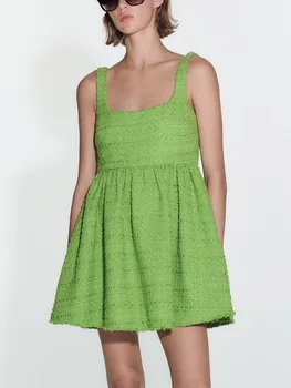 Новинка в платьях 2023 Модные Короткие платья из текстурированного твида с квадратным вырезом и ремешком без рукавов Зеленое повседневное летнее платье Женская одежда